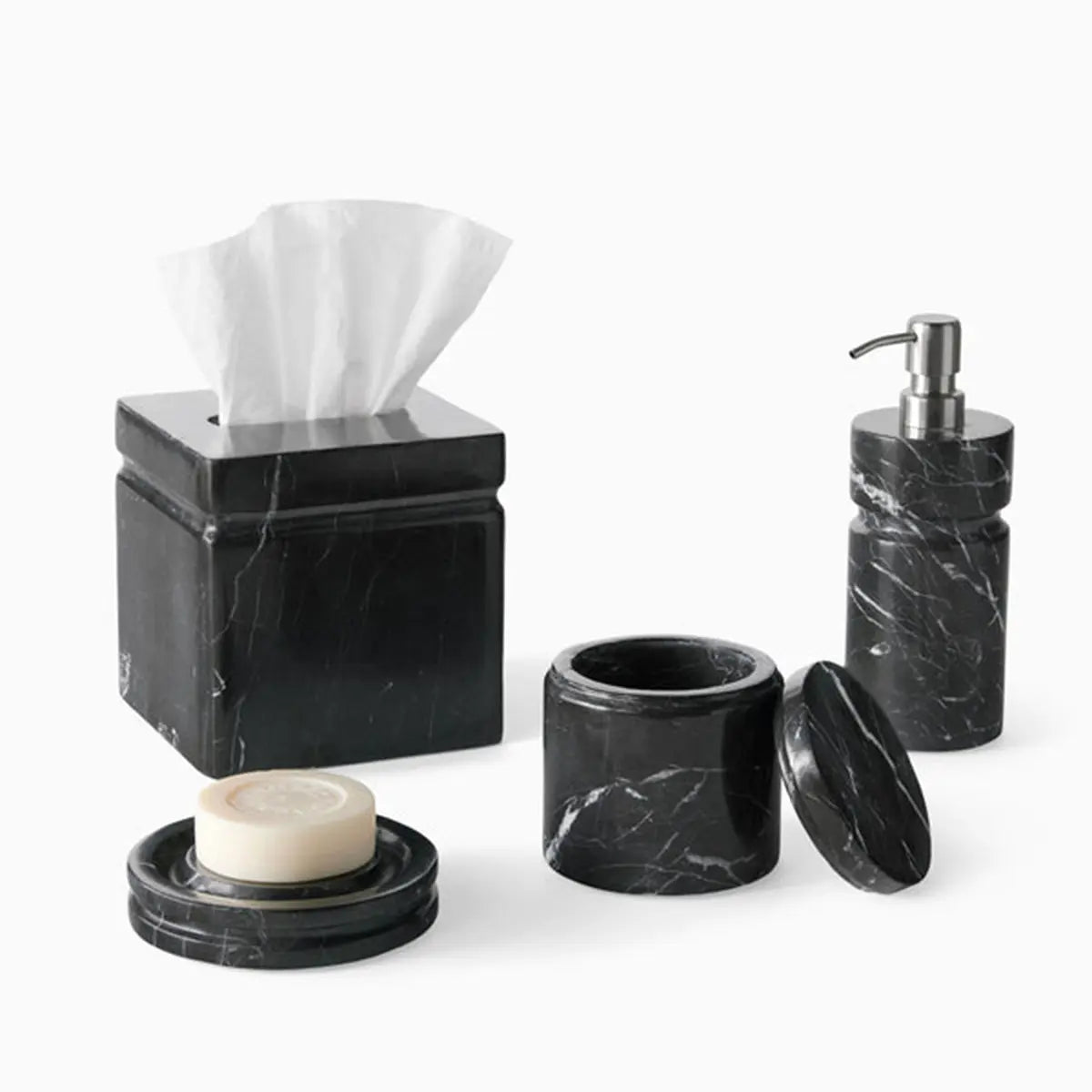 Sferra Marquina Vanity Collection with Soap Dish, Tissue Box Holder, Storage Jar and Soap Pump