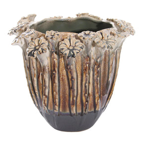 ShiShi Ceramic Pot Attached Flowers Cream Brown