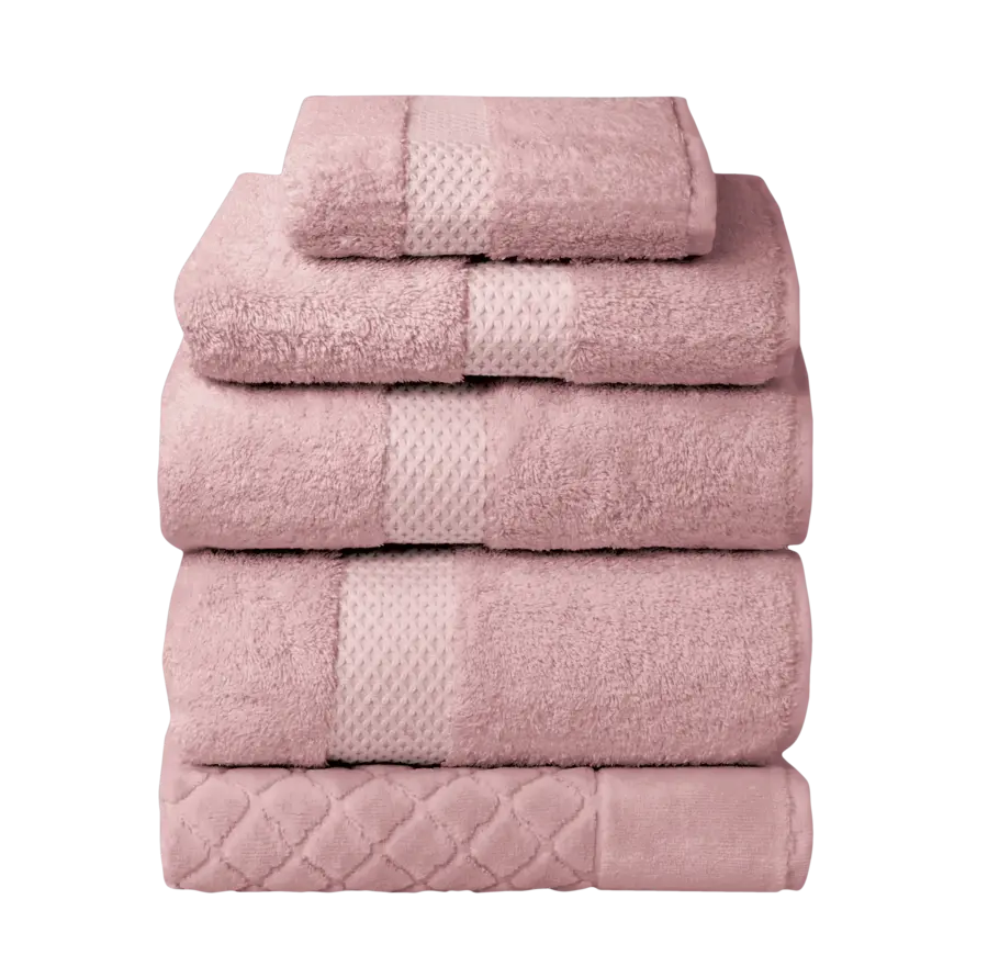 Yves Delorme Etoile Bath Towels and Rug Collection in The color stacked together