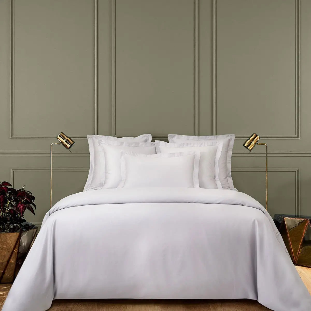 Yves Delorme Triomphe Bedding Collection in Silver in a room