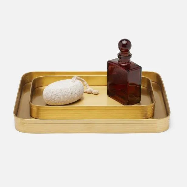 Pigeon & Poodle Adelaide Tray in a set of two in Matte Gold Brass with items set on top