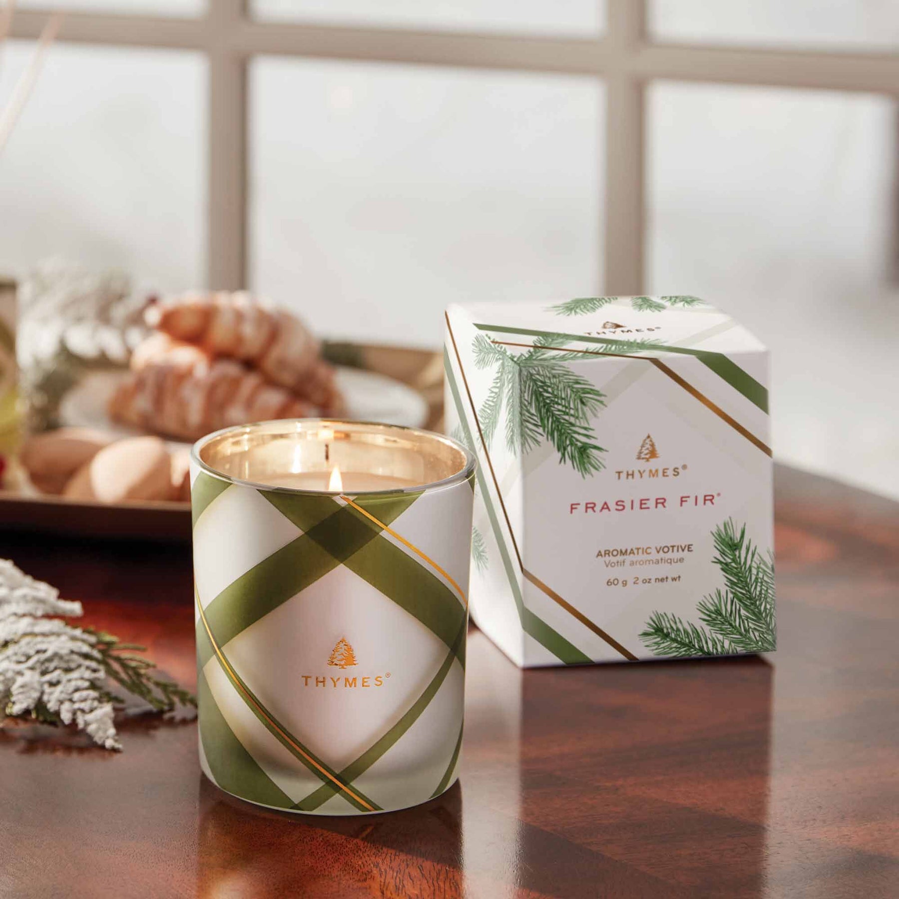 An image of Thymes Fraiser Fir Frosted Plaid Votive 2 oz