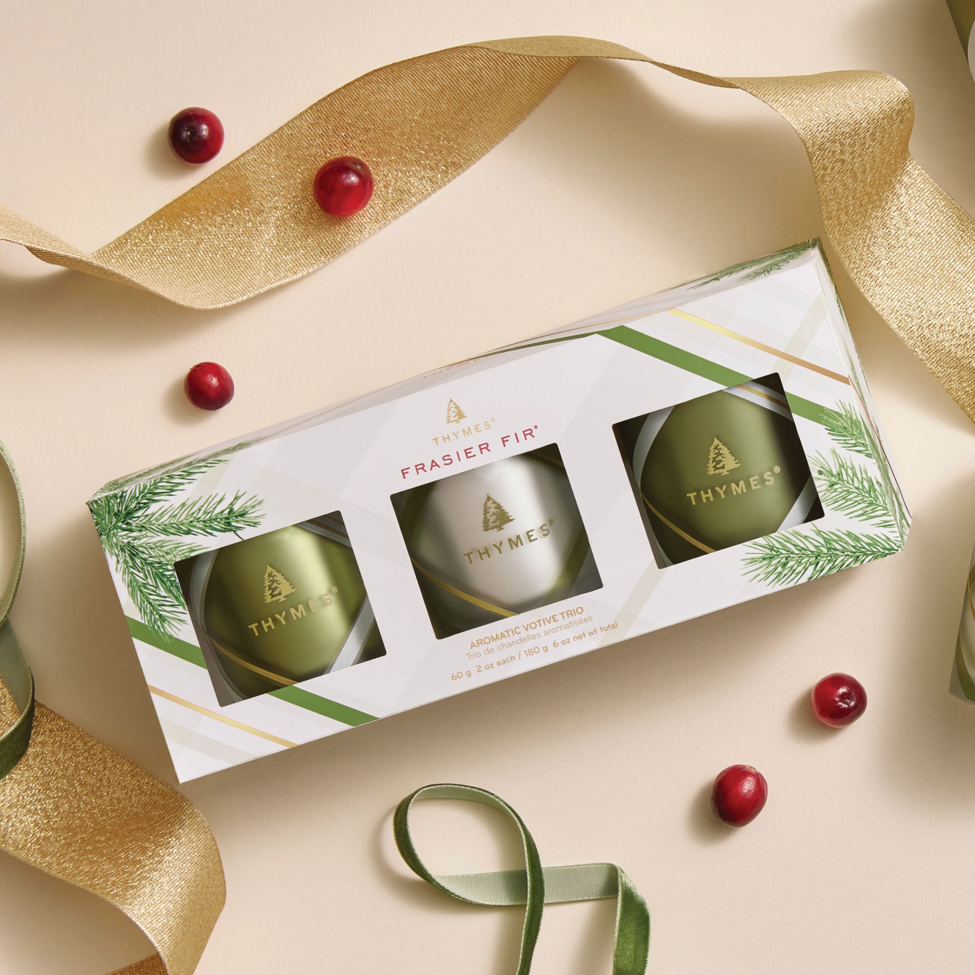 Thymes Fraiser Fir Frosted Plaid Votive Trio Set
