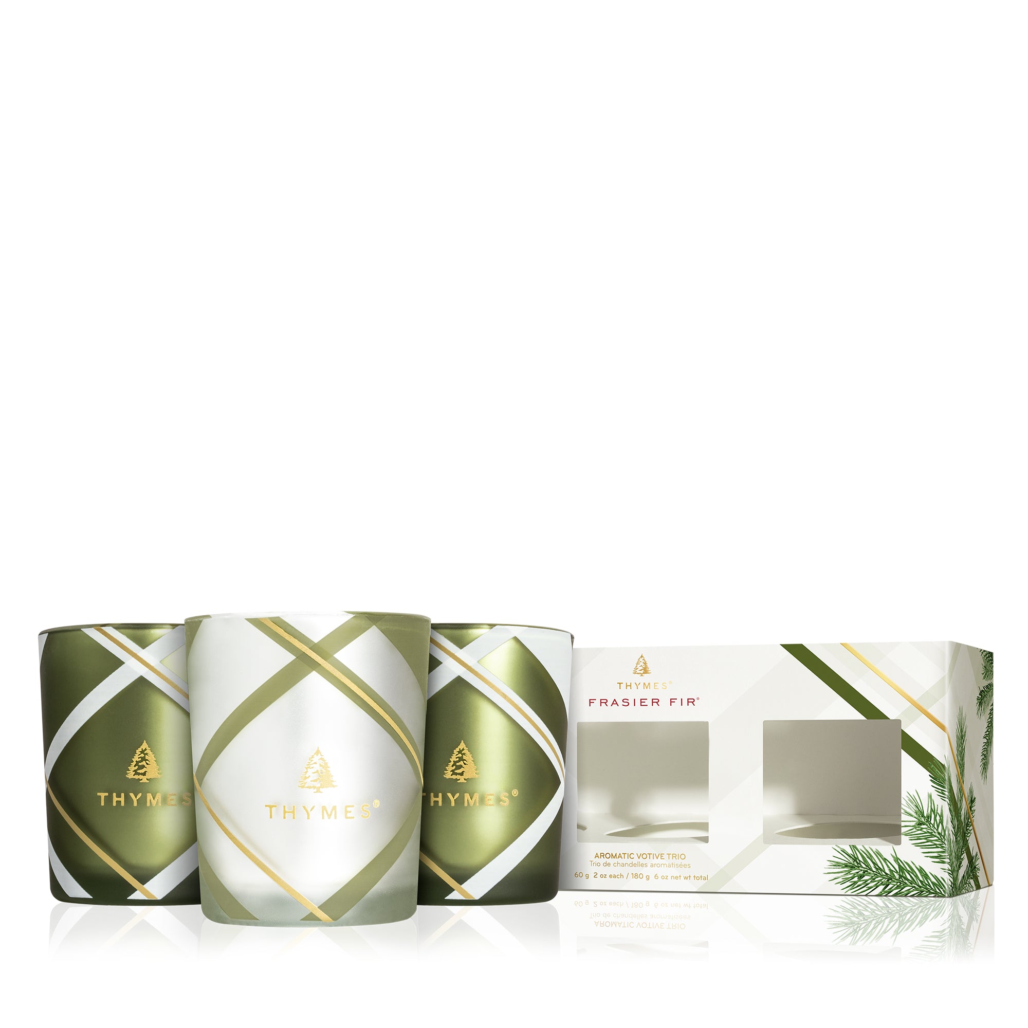 Thymes Fraiser Fir Frosted Plaid Votive Trio Set