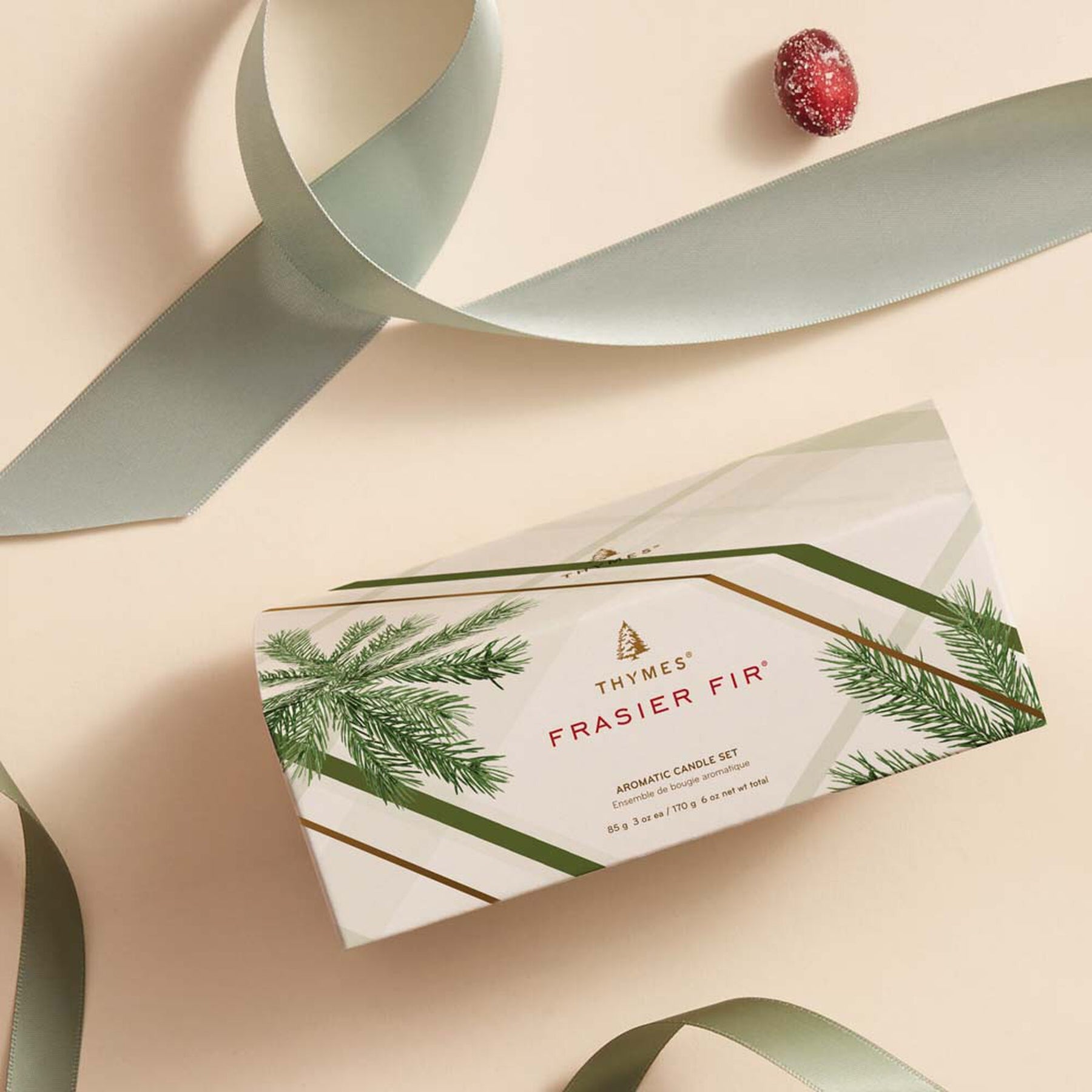 An image of Thymes Fraiser Fir Frosted Plaid Small Poured Candle Set