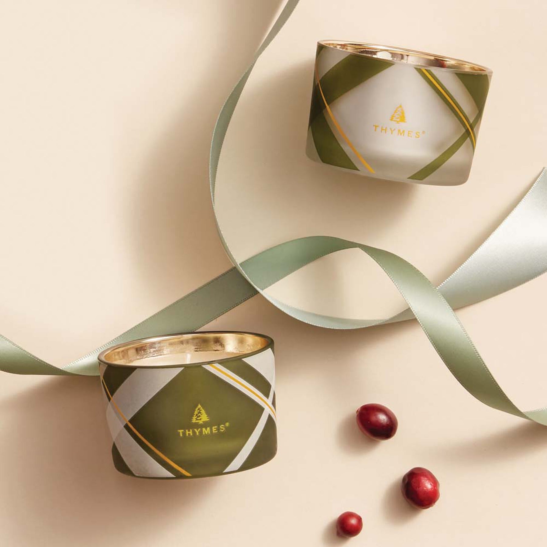 An image of Thymes Fraiser Fir Frosted Plaid Small Poured Candle Set