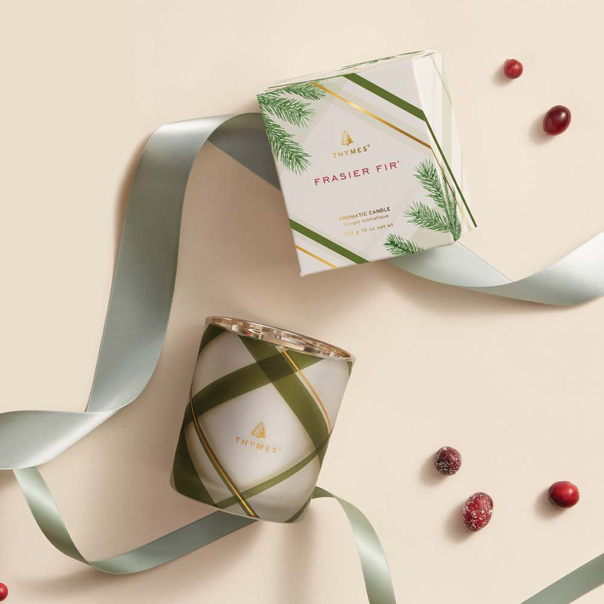 Thymes Fraiser Fir Frosted Plaid Medium Candle 10 oz
