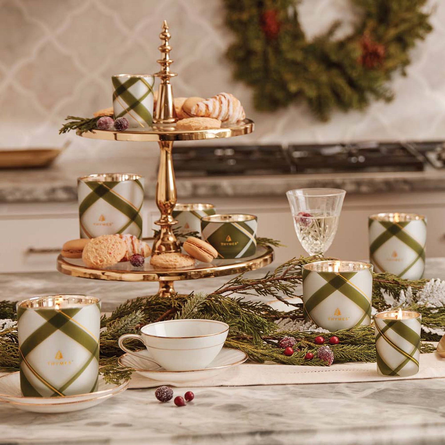An image of Thymes Fraiser Fir Frosted Plaid Medium Candle 10 oz