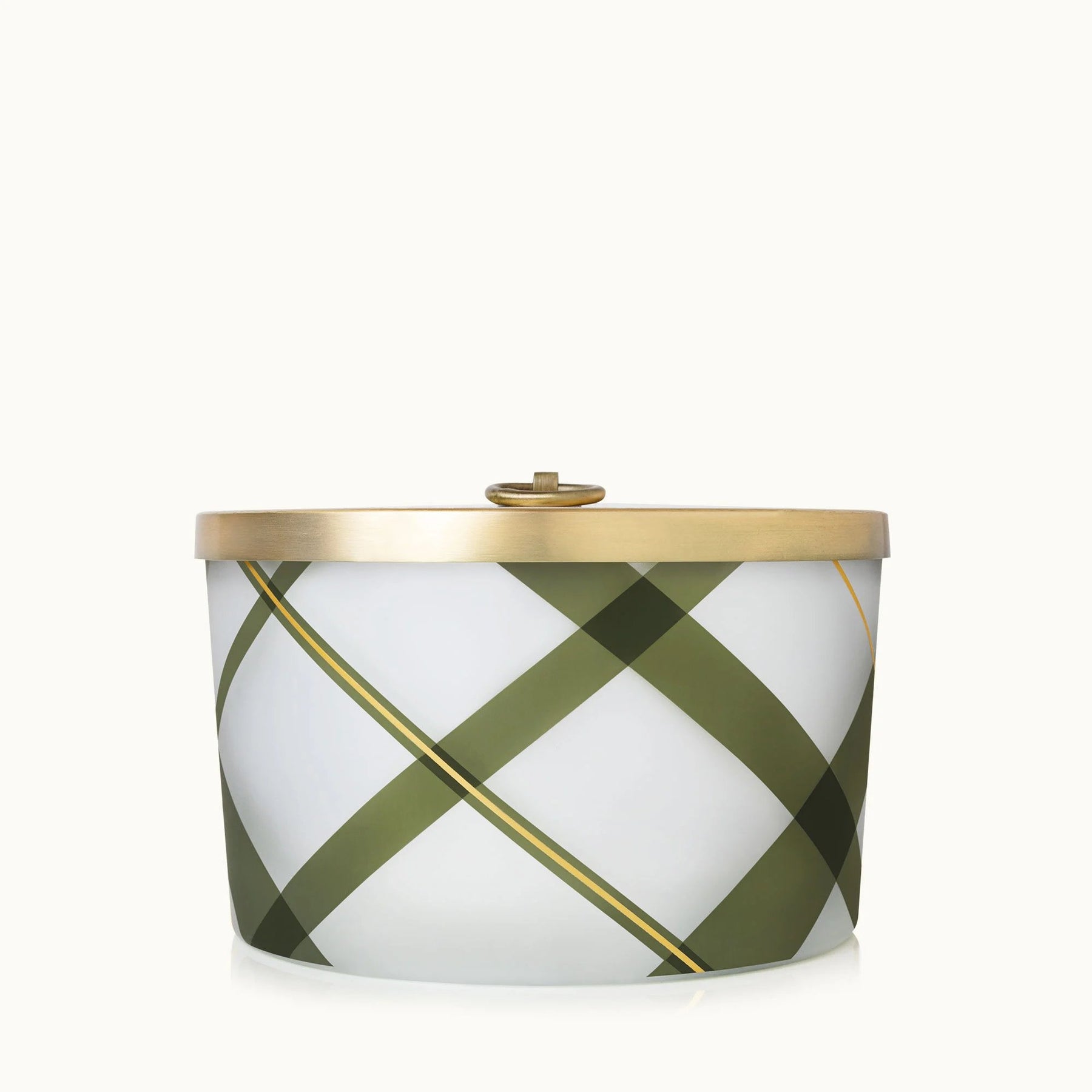 An image of Thymes Fraiser Fir Frosted Plaid Large Candle 18 oz