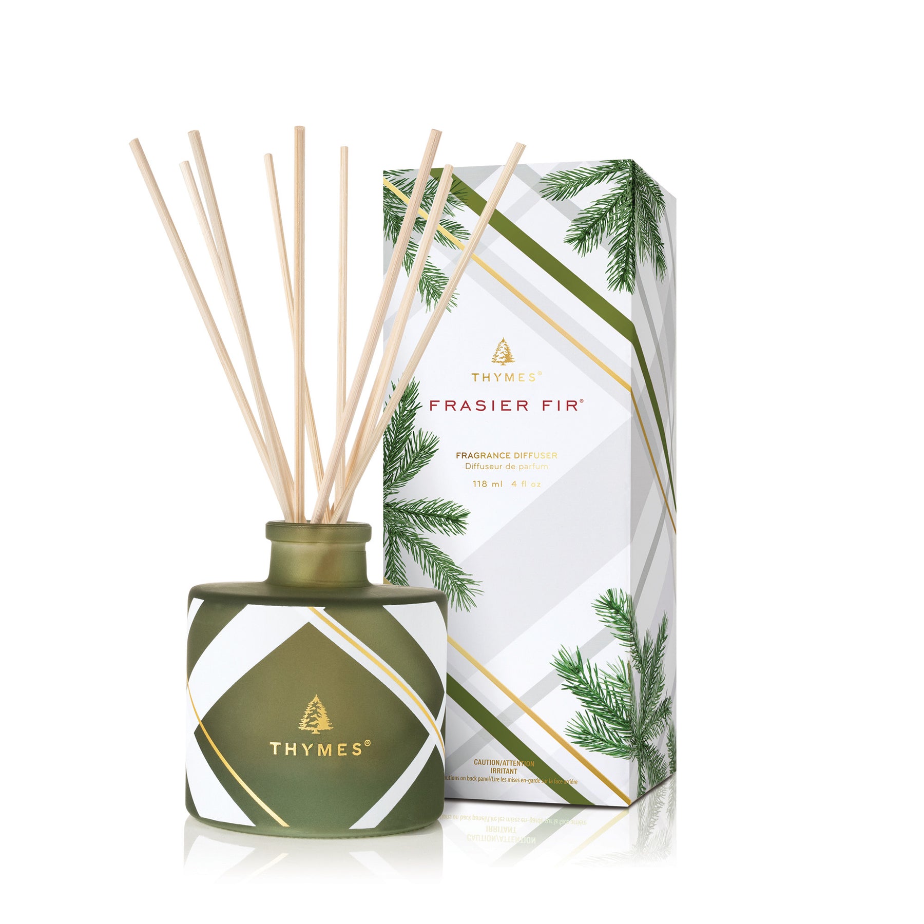 An image of Thymes Fraiser Fir Frosted Plaid Petite Reed Diffuser 4 fl oz