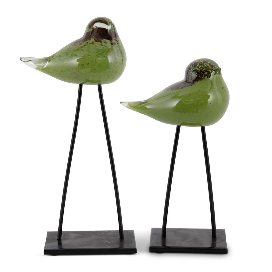 K & K Interiors Set of 2 Green & Brown Speckled Glass Birds w/Long Metal Legs