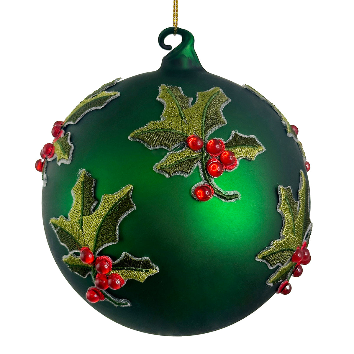 An image of Shishi Glass Red with Green Holly Ball Ornament