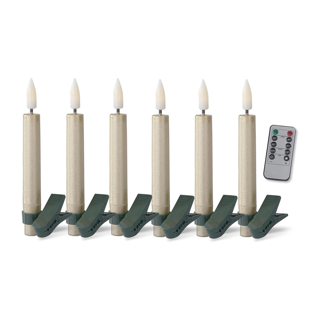 An image of K & K Gold Glittered LED Tree Clip Candles with Timer & Remote - Set of 6