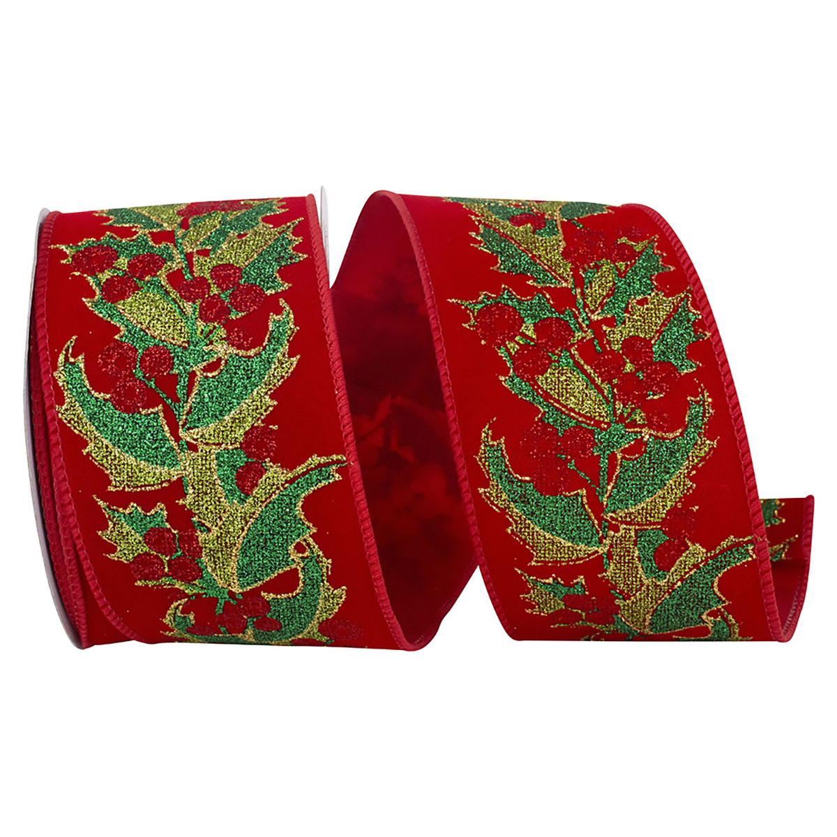 An image of Reliant Ribbon Holly Glitter Extravagance Velvet Wired Edge - 2.5in, 10 yd