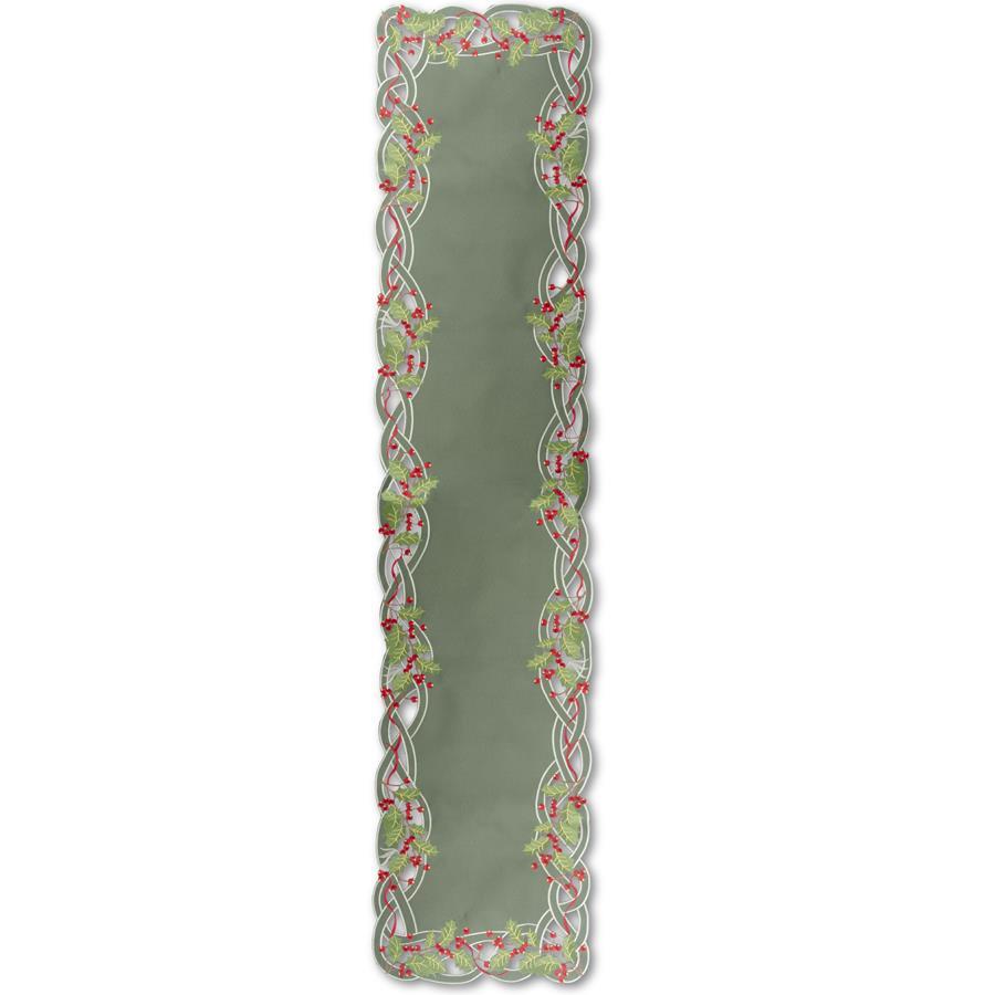 An image of K & K Embroidered Cutout Holly with Berries Table Runner