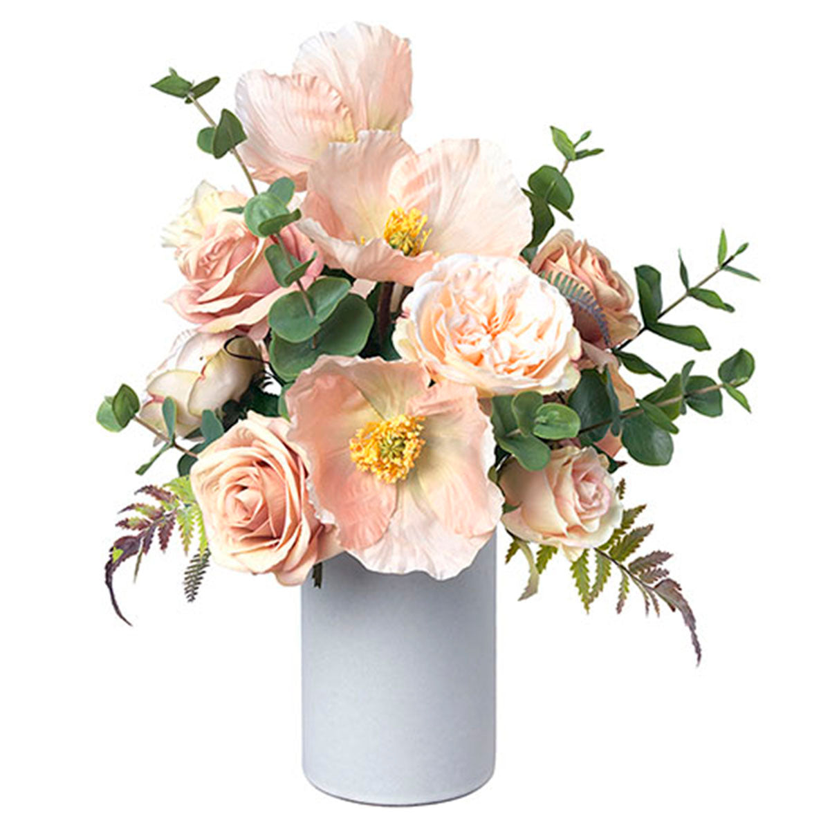 An image of Diane James Poppy, Rose & Fern Bouquet in Vase