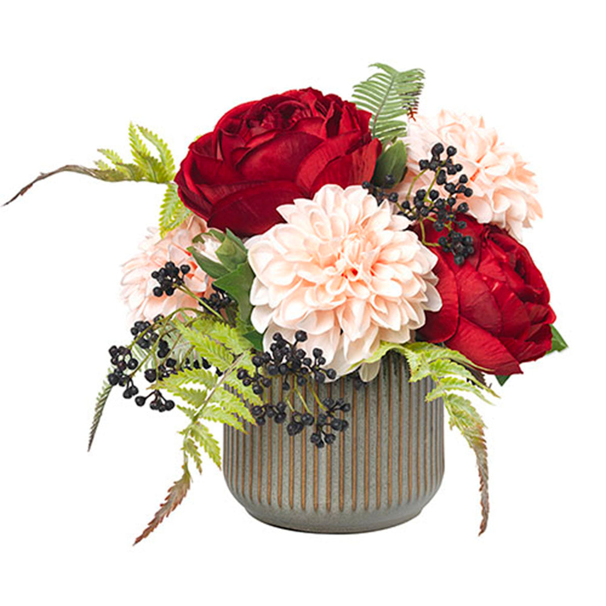 Diane James Dahlias, Roses & Fern in Pot