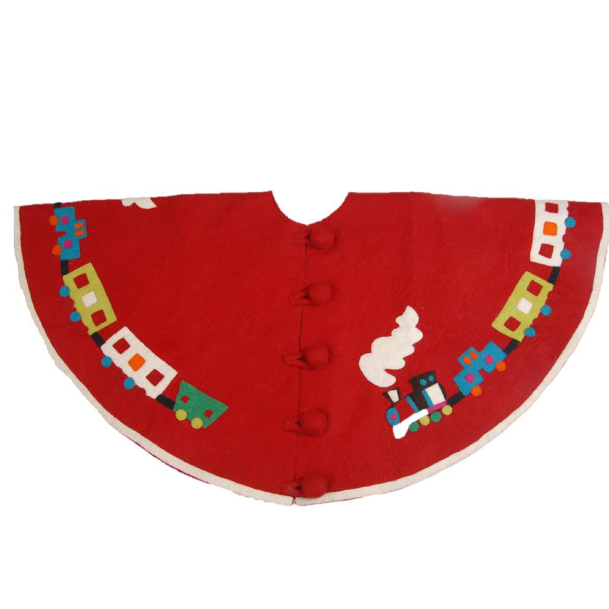 Arcadia Home Handmade Toy Train on Red Christmas Tree Skirt in Felt - 60 in