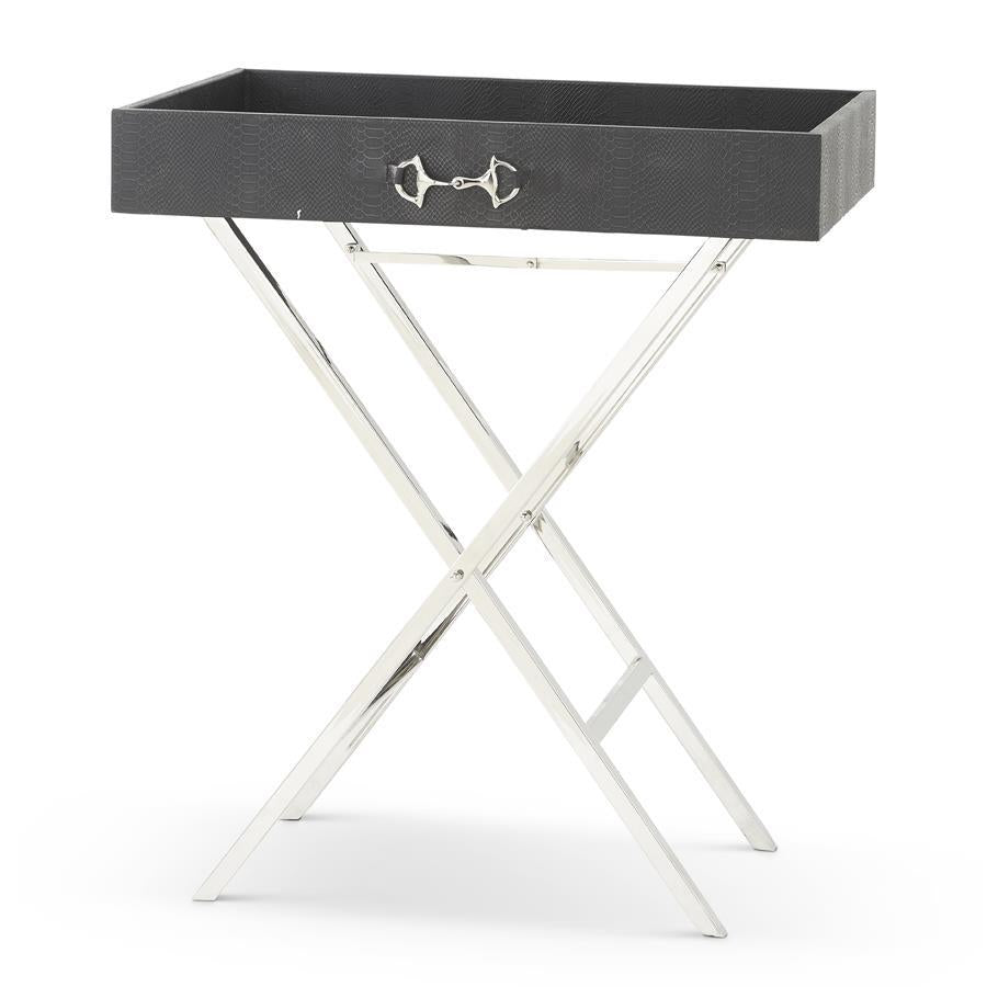 K&K 32" Black Leather Side Table w Removable Tray
