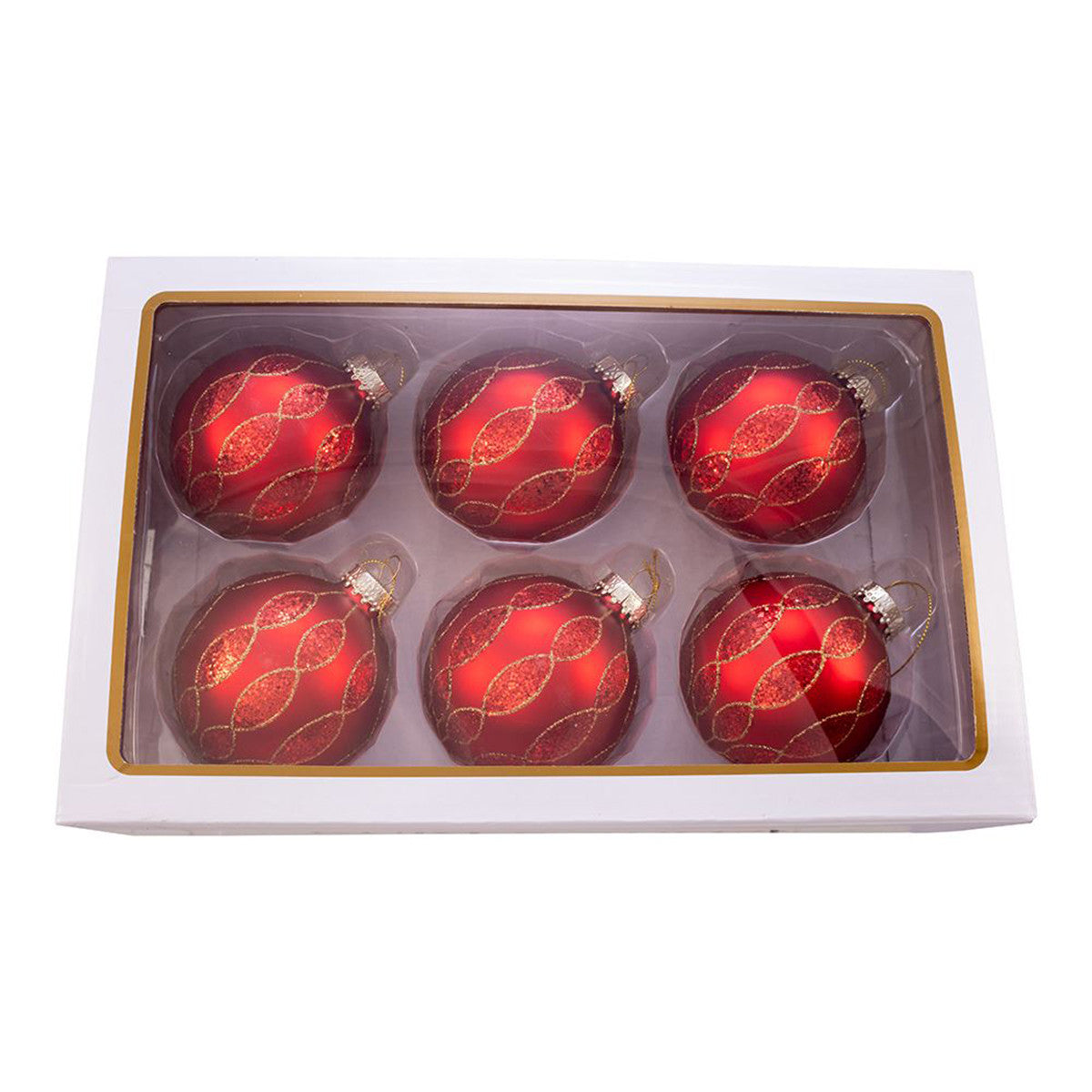 Kurt Adler 80 mm Red With Glitter Pattern Balls- Set of 6