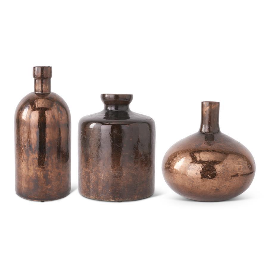 K&K Set of 3 Antique Bronze Glass Bottle Vases