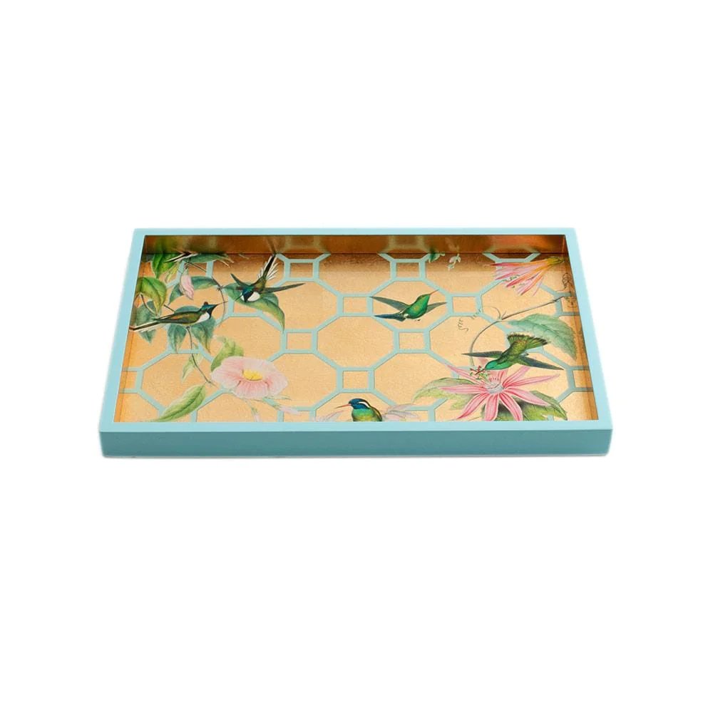 Caspari Hummingbird Trellis Gold Small Rectangular Tray